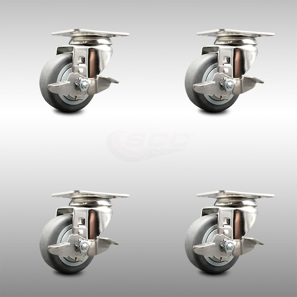 Service Caster 3 Inch 316SS Thermoplastic Rubber Wheel Swivel Top Plate Caster Set with Brake SCC-SS31620S314-TPRB-TLB-4 - main